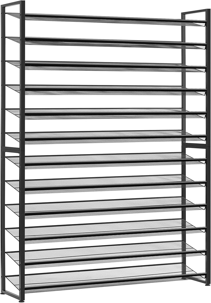 Shoe Rack, Long Shoe Organizer,Max Holds 75 Pairs,12 Tier Metal Shoe Storage Shelf,6-Tier Stackable Shoes Organizer for Garage, Entryway,Black