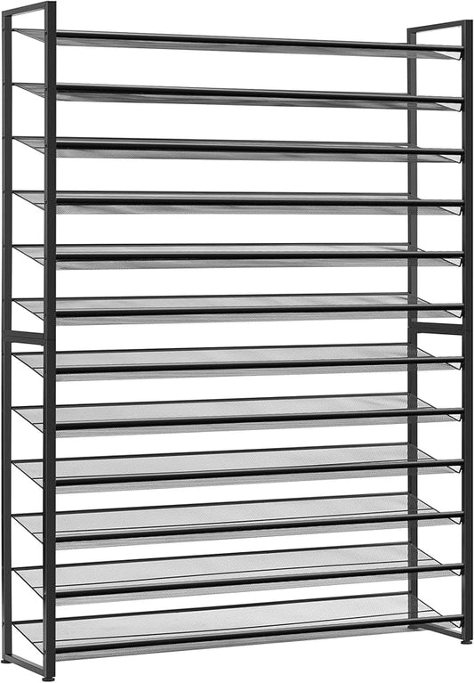 Shoe Rack, Long Shoe Organizer,Max Holds 75 Pairs,12 Tier Metal Shoe Storage Shelf,6-Tier Stackable Shoes Organizer for Garage, Entryway,Black
