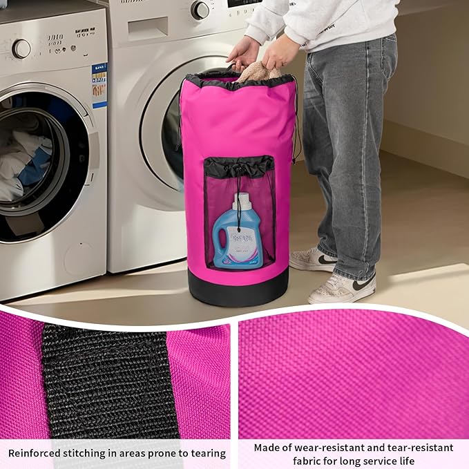 Laundry Bag Backpack with Shoulder Straps and Mesh Pocket Foldable Laundry Hamper for College, Apartment, Laundromat (Pink)