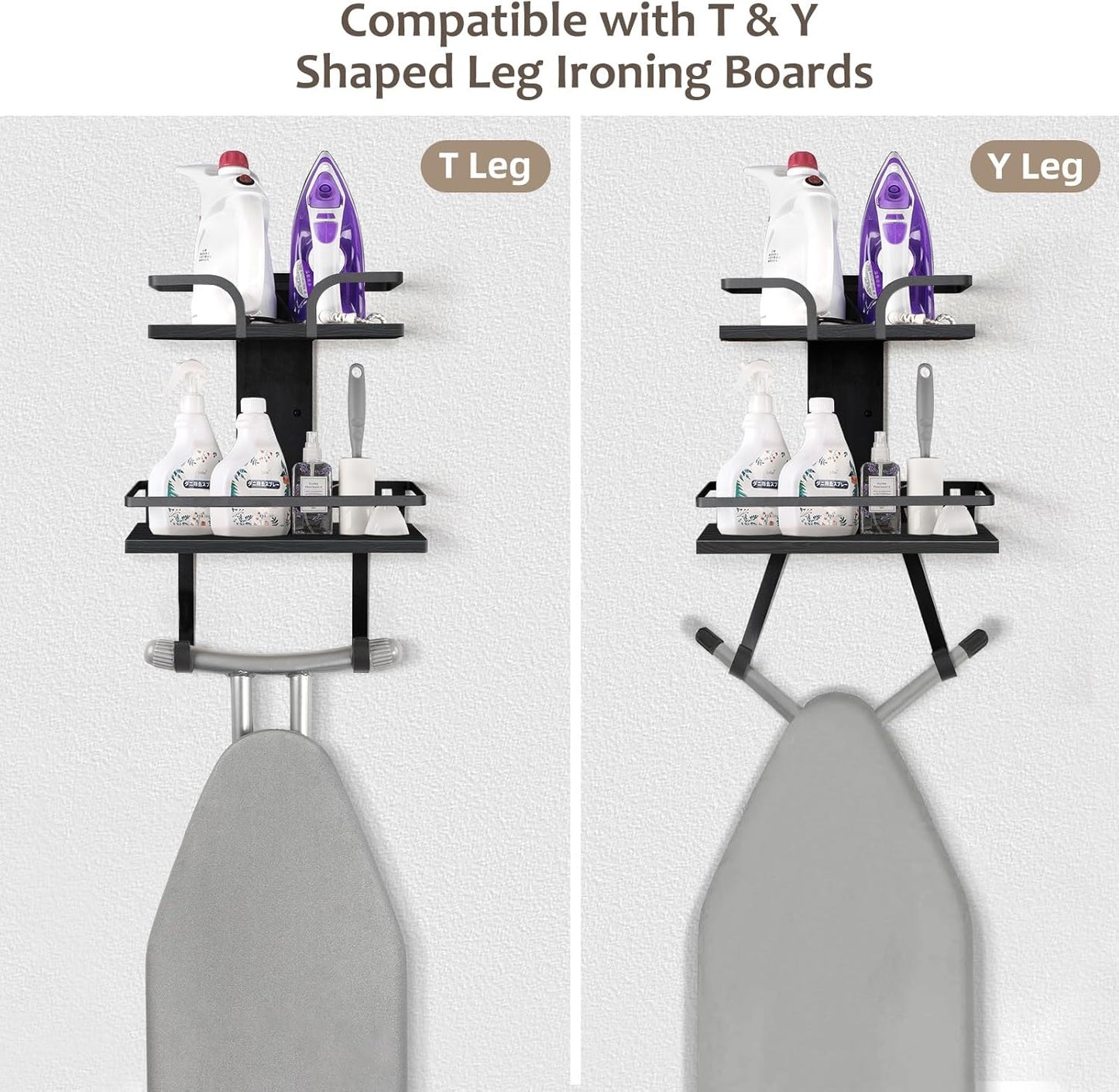 VINAEMO Ironing Board Hanger Wall Mount, 2-Layer Iron and Ironing Board Holder, Laundry Room Shelves Solid Wood with Removable Hooks Home Organization and Storage