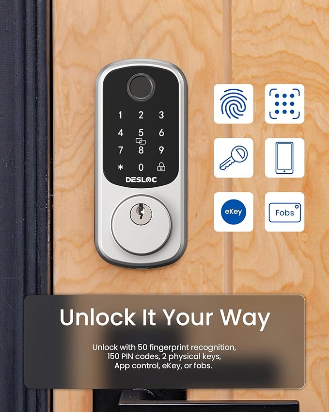 DESLOC Smart Door Lock B200, Smart Deadbolt Lock, Keyless Entry Door Lock, Fingerprint Smart Lock, Smart Locks for Front Door, App Control, Touchscreen Keypad Deadbolts,12-Month Battery, Silver