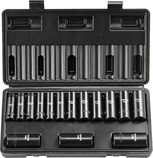 VEVOR 3/8" Drive Impact Socket Set, 15 Piece Deep Socket Set Metric 8-22mm, 6 Point Cr-Mo Alloy Steel for Auto Repair, Easy-to-Read Size Markings, Rugged Construction, Includes Storage Case