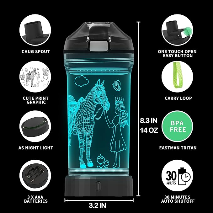 Horse Gifts for Girls, Girl Horse Water Bottle with 3D Glowing Led Light Travel Cups -Tritan BPA Free, Horse Gifts for Birthday, Christmas, Back to School for Child Kids Teens Granddaughter
