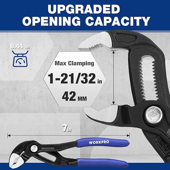 WORKPRO Groove Joint Pliers, 7" Water Pump Pliers, Upgraded 42mm Wide Opening Slip Joint Plier, V-Jaw Tongue and Groove Plier for Home and Industrial Repair, CR-V, Dual Serrated, Quick Adjustable