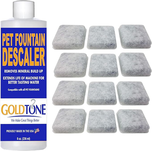 GoldTone Brand Charcoal Water Filter Replacement Compatible with PETMATE Replendish & Mason Pet Fountains (12 Pack) (12 Water Filters) (12 Water Filters + Descaler)