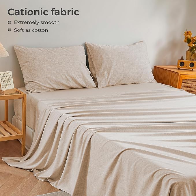 Full Sheets Brown, Ultral Soft Cationic Linen Look Sheets, Luxury Cooling Cozy Bed Sheet Set with Non-Slip Fitted Sheet