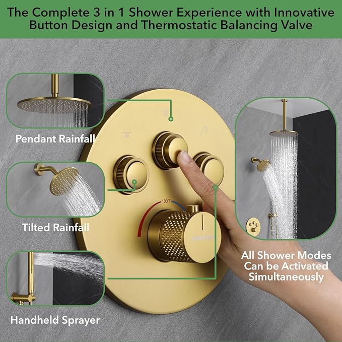 VANFOXLE Thermostatic Shower Faucet Set Brushed Gold Shower System,Push Button Diverter Shower Faucet with 2 in 1 Handheld,Ceiling Mount Increased Thickness 12 Inch Shower Head with 6 Inch Shower Head