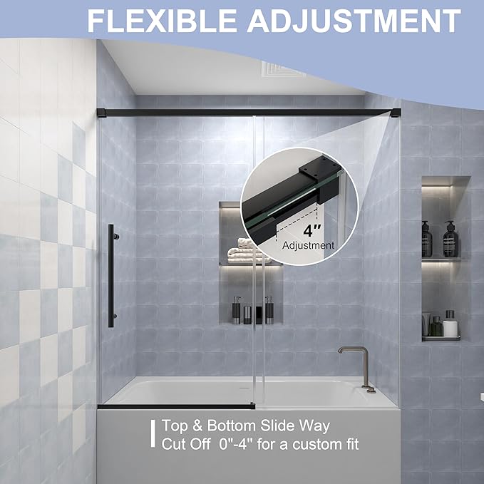 KPUY Bathtub Shower Door, 56-60" W x 58" H Sliding Shower Door for Bathtub, 1/4" (6mm) Thick Tempered Clear Glass with Explosion-Proof Film Nano Coating in Matte Black Finish