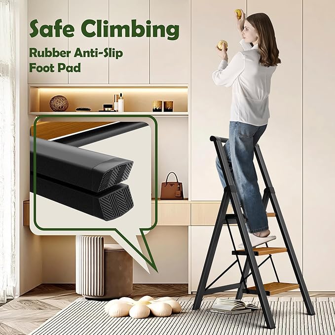 Taranta 3 Step Ladder, Portable Folding Ladder with Wide Pedal, Lightweight Aluminum Step Stool with Convenient Handgrip, 330 lbs Capacity Stepladder for Home, Office - BlackWoodgrain