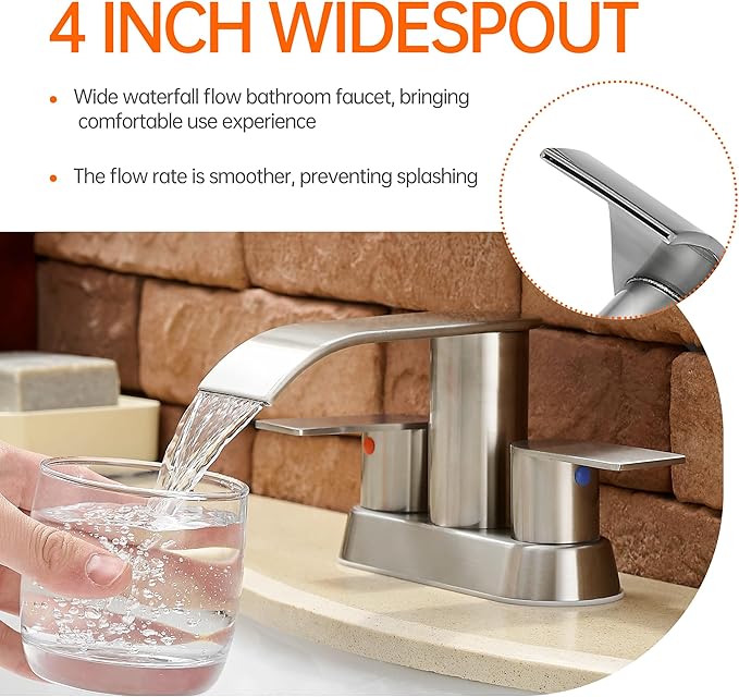 Waterfall Bathroom Sink Faucet 4 Inch Brushed Nickel Faucet Bathroom with Pop Up Drain 2 or 3 Holes Bathrooms Basin Lavatory Mixer Tap with Deck Mount Plate