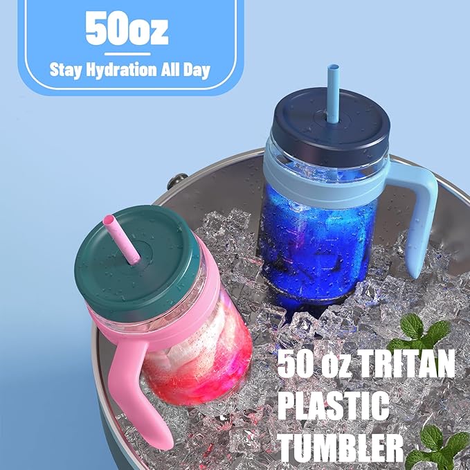 Tronco 50 oz Tritan Plastic Tumbler with Lid and Straw, BPA-Free Reusable Clear Water Bottle with Time Marker, 100% Leak Proof & Wide Mouth for Iced Coffee, Juice, Bubble Tea, Smoothies