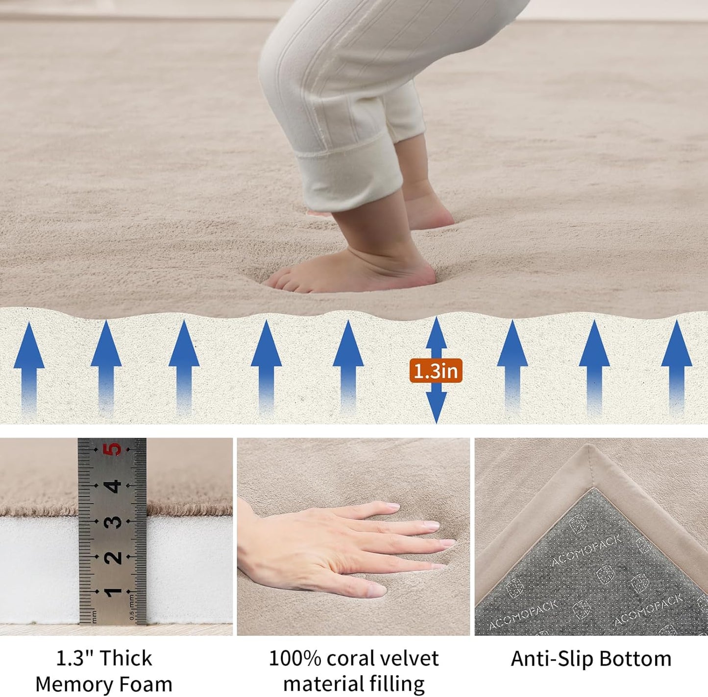 ACOMOPACK Baby Play Mat for Floor,1.3" Thick Memory Foam Area Rug for Living Room,Soft Velvet Crawling with Non-Slip Bottom for Kid,Toddler,79"×118" Tummy Time Nursery Rugs,Yoga（Beige）