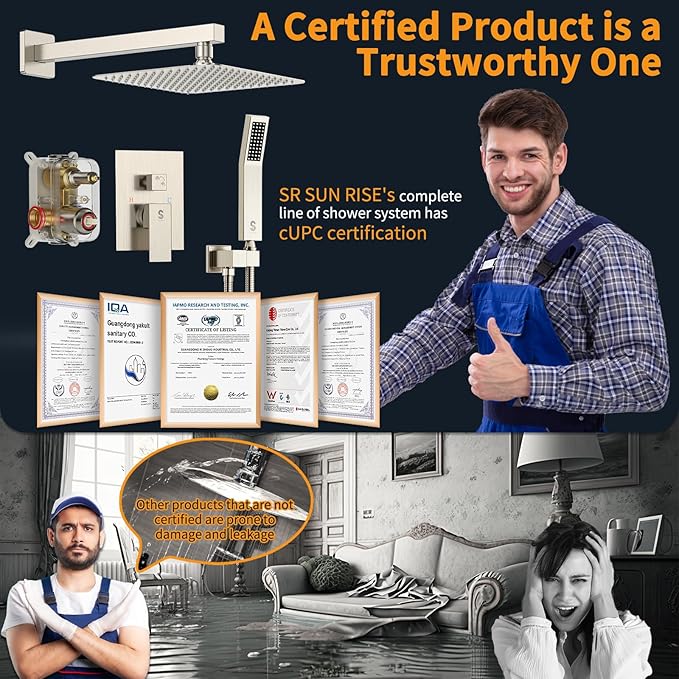 SR SUN RISE Shower Faucet Set Bathroom Square Rain Shower Head with Handheld Spray Wall Mounted Rainfall Shower Fixtures Brushed Nickel Shower Faucet Trim Repair Kits (Contain Shower Valve)10 Inches