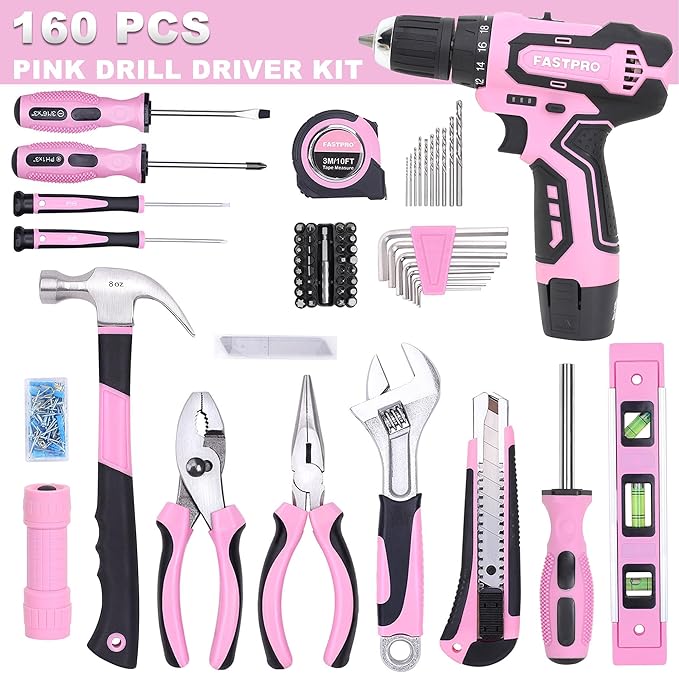 FASTPRO 160-Piece Pink Tool Set with 12V Cordless Lithium-ion Drill Driver, Lady's Home Repairing Tool Kit with Drill in Storage Case, For DIY, Home Maintenance.
