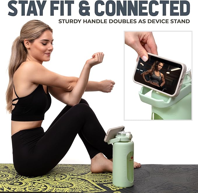 Leakproof 64 oz glass water bottle with Time Markers - Green Large Water Bottle with Measurements - Pregnancy Water Bottle Tracker - Half Gallon Water Bottle with Straw, 2 liter Water Bottle Glass