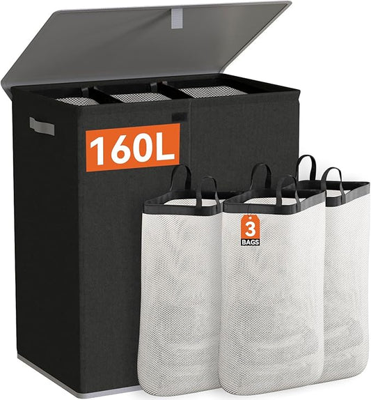 WOWLIVE Laundry Hamper with Lid,160L Large Laundry Basket 3 Section with Removable Washing Bags,Collapsible Waterproof Dirty Clothes Hamper for Laundry Room Bathroom Dorm,Black