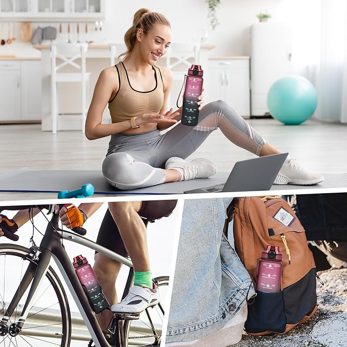 GOSWAG Water Bottles, 32 oz Motivational Sports Water Bottle with Straw and Time Marker to Remind You to Drink, Comes with Carry Strap, Leakproof