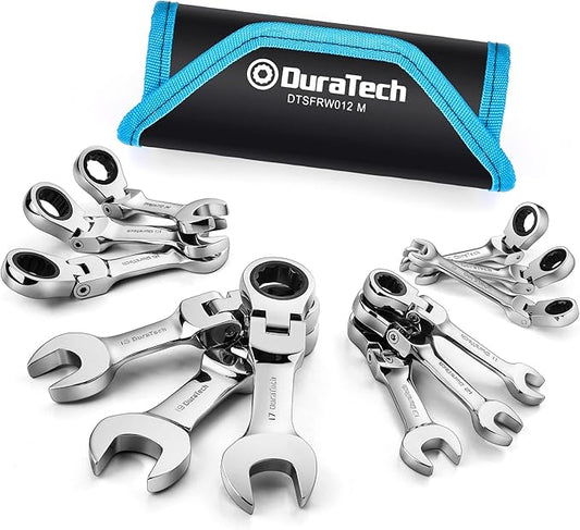 DURATECH Stubby Flex-head Ratcheting Combination Wrench Set, Metric, 12-piece, 8-19mm, CR-V Steel, with Pouch