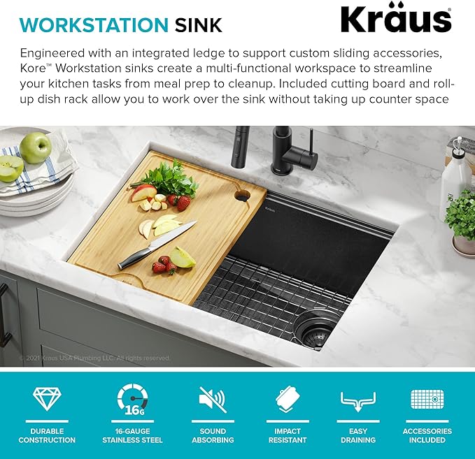 KRAUS Kore Workstation 27-inch Undermount 16 Gauge Black Stainless Kitchen Sink, Single Bowl Kitchen Sink in PVD Gunmetal Finish with Accessories, KWU110-27-PGM