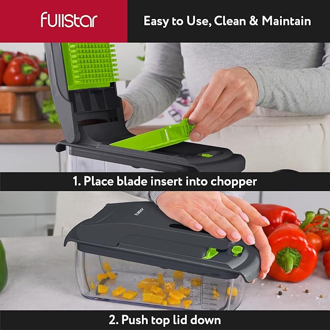 Fullstar Vegetable Chopper - Food Chopper - Onion Chopper - Vegetable Slicer & Spiralizer - Veggie Chopper with Container - Kitchen Gadgets - Home Essentials - Kitchen Accessories (8 in 1, Gray/Green)