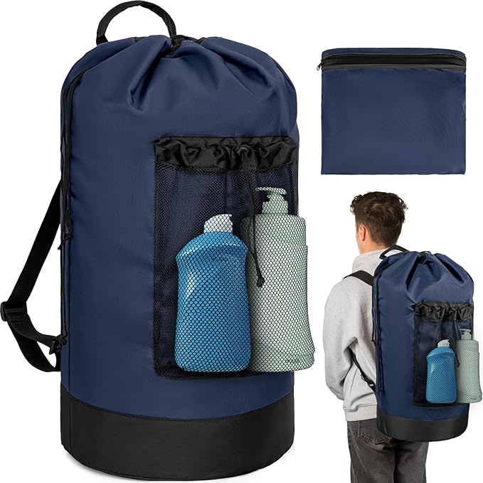 Laundry Bag Backpack with Shoulder Straps and Mesh Pocket Foldable Laundry Hamper for College, Apartment, Laundromat (Dark Blue)