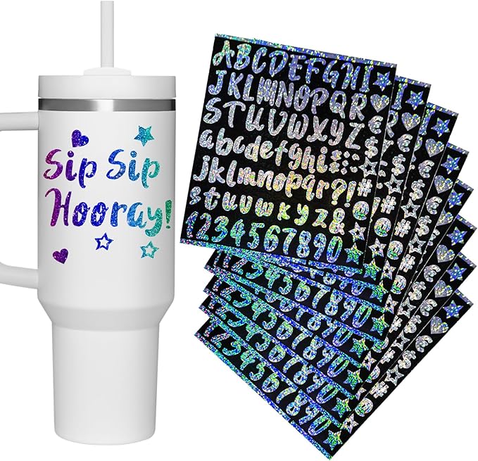 Vinyl Letter Stickers for Stanley Cups, 8 Packs Shiny Personalized Letters Tags Self Adhesive Waterproof Cute Alphabet Number Sticker for Kids Teens Adults Water Bottle Laptop Luggage
