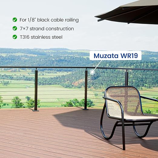 Muzata 150 ft 1/8" Black Stainless Steel Cable Railing System Hardware T316 Stainless Steel Wire Rope 7x7 Strands 1800 lb Breaking Strength Black Cable Railing Kit for Indoor Outdoor WR19