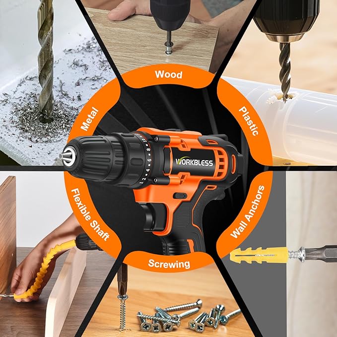 WORKBLESS 21V Power Drill Set, Cordless Drill with 2 Batteries and Charger, 3/8'' Keyless Chuck, Variable Speed, 18+1 Torque Setting and 28pcs Bits Tool Set(Orange)