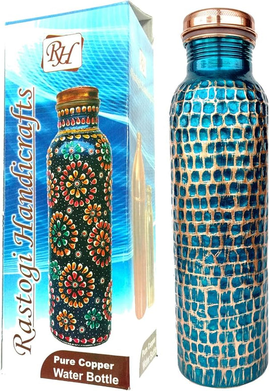 Rastogi Handicrafts Pure copper Hand hammered New Creation textured capacity 33oz / 950 ml for drinking water storage/yoga bottle