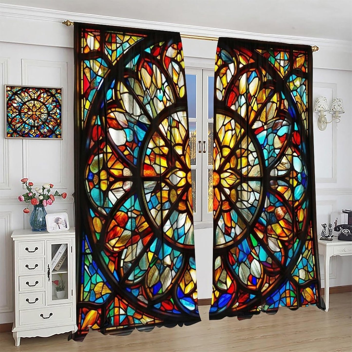 Stained Glass Curtains,Retro Mid Century Abstract Colorful Geometric Prints Home Decor Drapes for Bedroom Living Room Kitchen Window Treatment 2 Panels Set Total Size 42" W X 63" L Inch