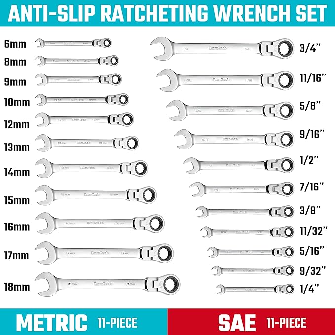 DURATECH Flex Head Ratcheting Wrench Set, Combination Wrench Set, 22-piece, Metric & SAE, 1/4" to 3/4" & 6-18mm, CR-V Steel, Mirror Polished, with Pouch