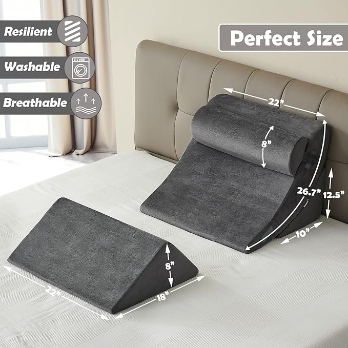 Ganaver 4Pcs Wedge Pillow for Sleeping, Orthopedic Bed Wedge Pillows for After Surgery, Foam Triangle Sit Up Pillow Wedge for Back, Neck, Shoulder Support, Leg Elevation, Acid Reflux, Snoring, Grey