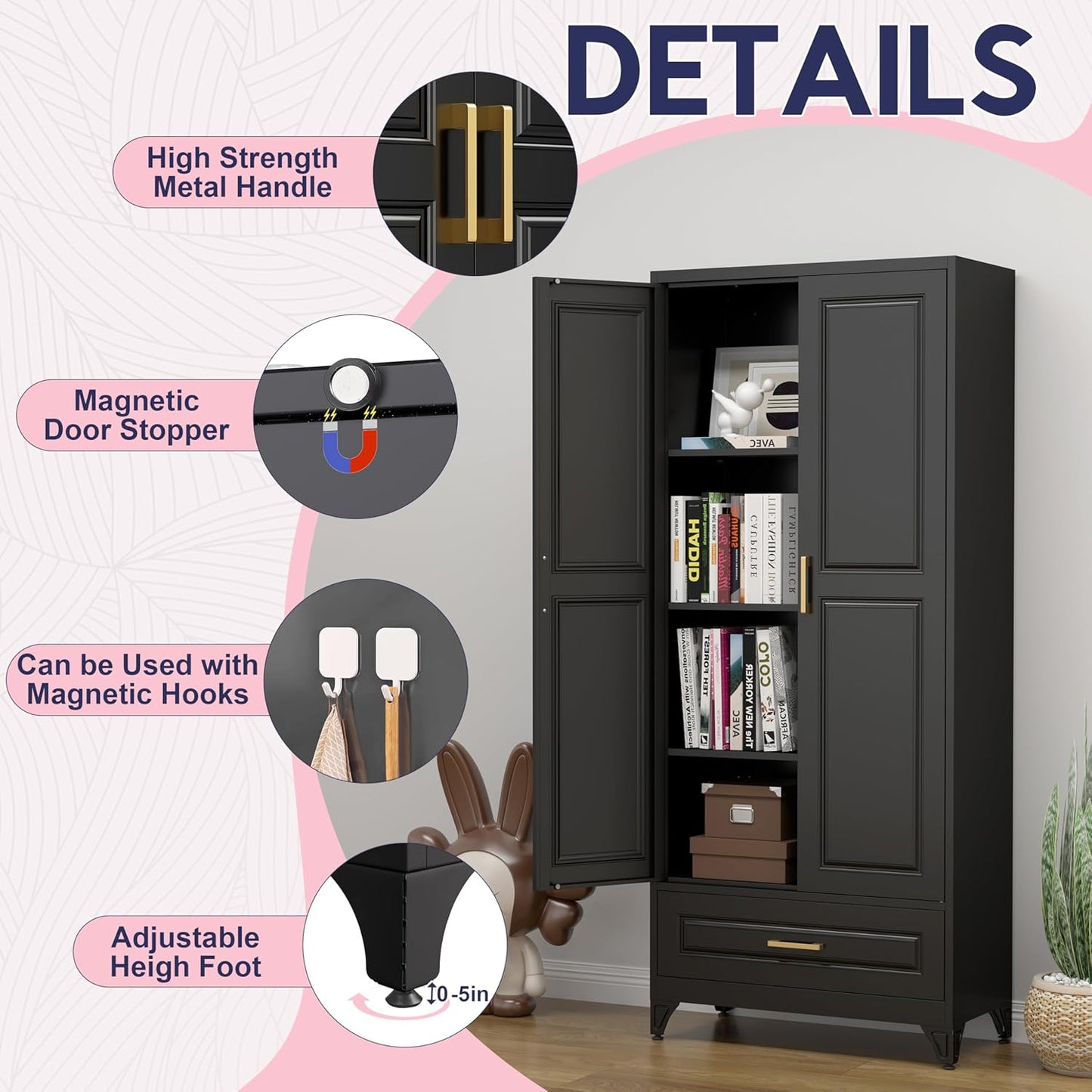 Pantry Kitchen Cabinet with Drawer, 75" Tall Pantry Storage Cabinet, Metal Storage Cabinets with Doors and Shelves, Large Freestanding Cupboard for Dining Room, Assembly Required, Black