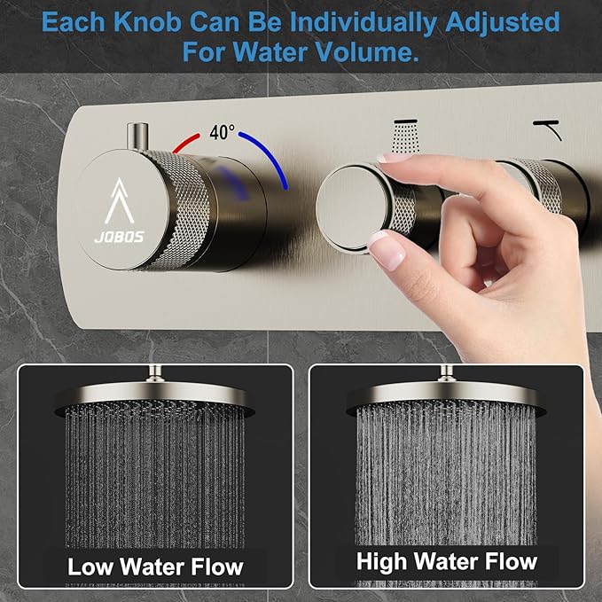 Shower System Brass Thermostatic Shower Faucet Set With Valve and Diverter Shower Mixer with 2 Rain Shower Head and Multi-function Handheld Head（Brushed Nickel）