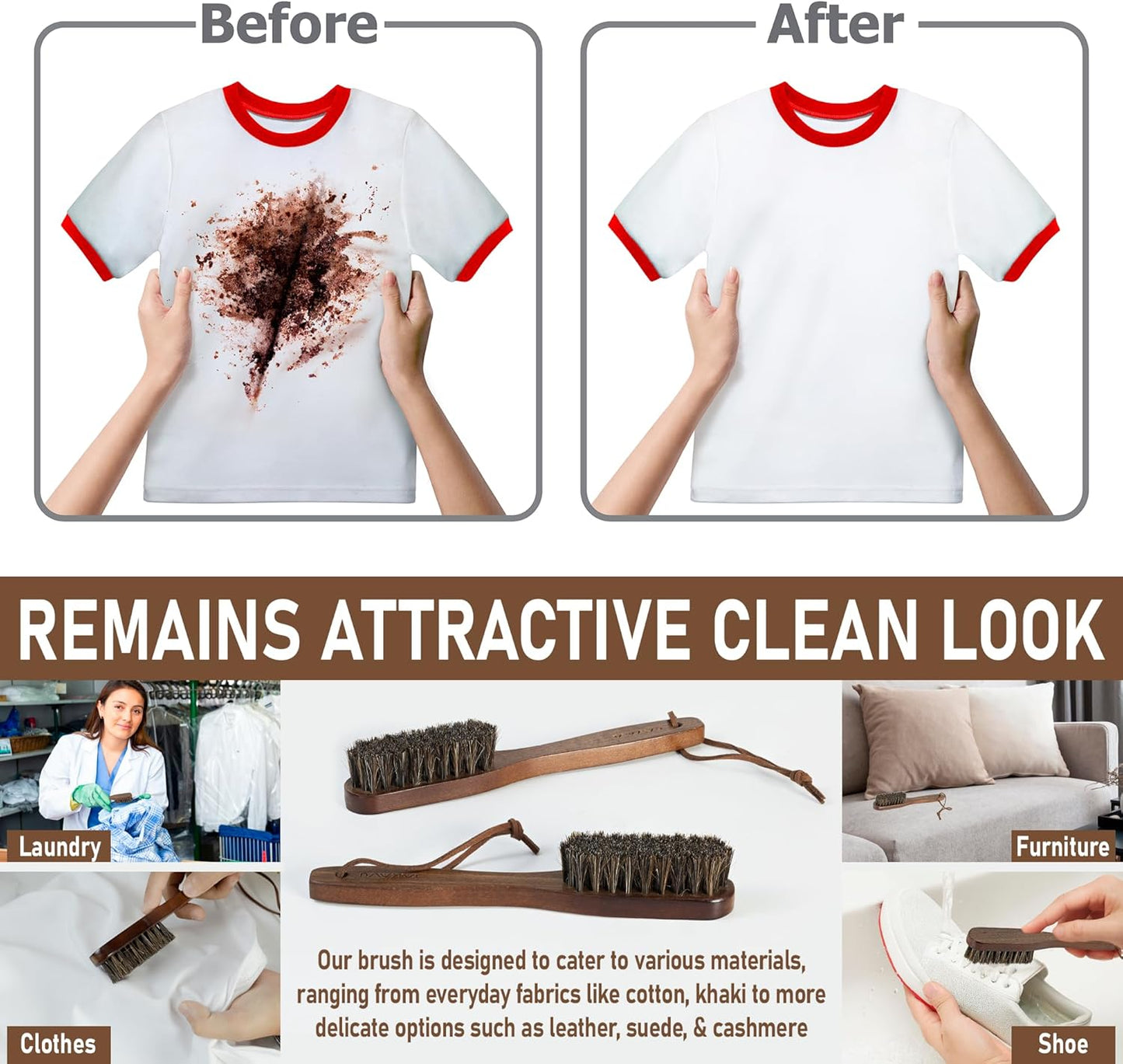 Takavu Horsehair Laundry Stain Brush Set (2 Pack) - Soft Bristle Spot Cleaner for Delicate Fabrics, Clothes Pre-Wash, Gentle Garment Care Tool