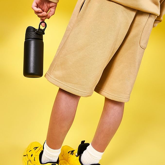 Ion8 Kids Water Bottle, Steel 400 ml/13 oz, Leak Proof, Easy to Open, Secure Lock, Dishwasher Safe, Hygienic Flip Cover, Carry Handle, Easy Clean, Durable, Scratch Resistant, Carbon Neutral, Black