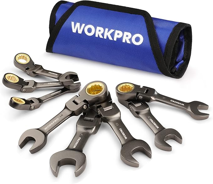 WORKPRO 8 Piece Flex Head Stubby Ratcheting Combination Wrench Set, Metric 9-17 mm, 72-Teeth, CRV, Nickel Plating with Rolling Pouch