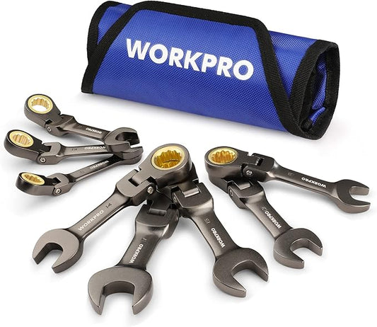 WORKPRO 8 Piece Flex Head Stubby Ratcheting Combination Wrench Set, Metric 9-17 mm, 72-Teeth, CRV, Nickel Plating with Rolling Pouch