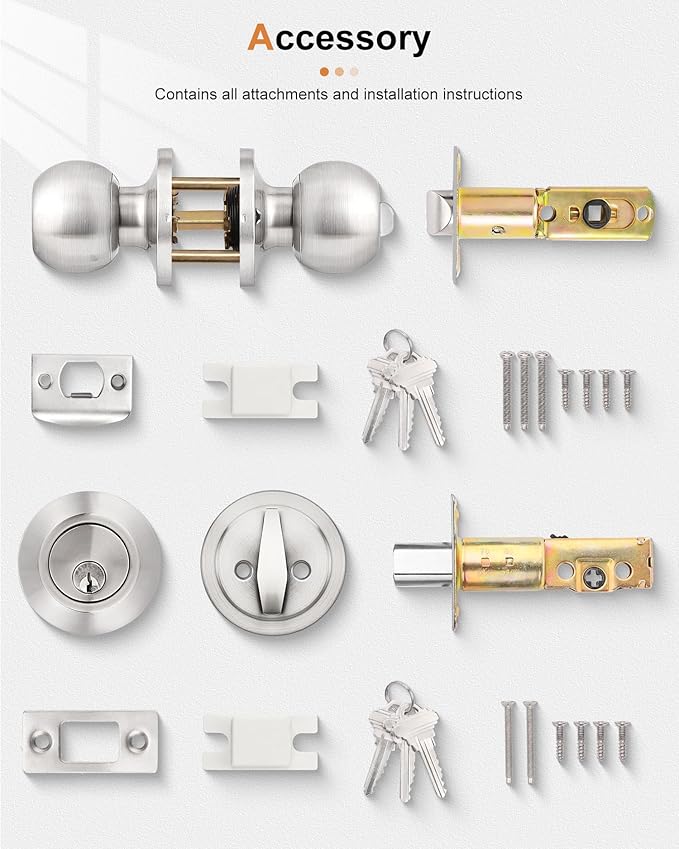 Probrico 6 Pack Exterior Door Knob and Single Cylinder Deadbolt Lock Combo Set, Brushed Nickel Front Door Handle with Lock and Key, Keyed Alike