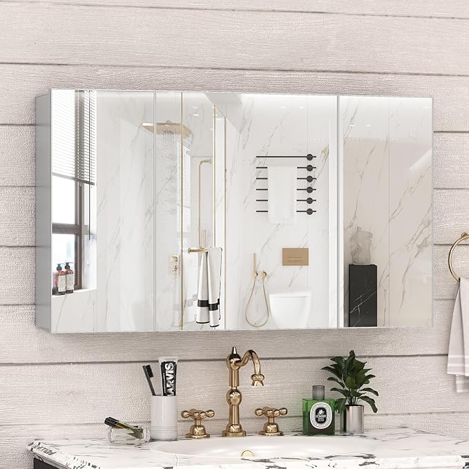40 x 24 Farmhouse Medicine Cabinet, Tempered Frameless Bathroom Mirror with Storage, Silver Recessed or Surface Mount Aluminum Medicine Cabinet for Bathroom Modern-Large