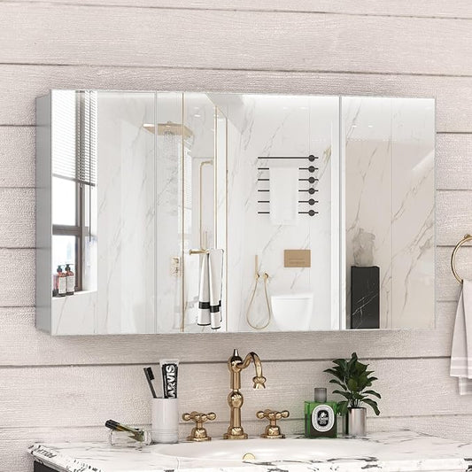 40 x 24 Farmhouse Medicine Cabinet, Tempered Frameless Bathroom Mirror with Storage, Silver Recessed or Surface Mount Aluminum Medicine Cabinet for Bathroom Modern-Large