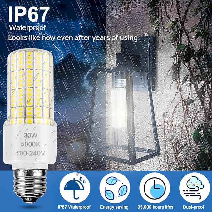 2 Pack Led Light Bulb Equivalent 250w Led bulbs 3750 Lumen 5000K Cool Daylight White 30W Waterproof Led Corn Light bulb E26/E27 Medium Base light bulb for Outdoor Indoor Garage Workshop Backyard