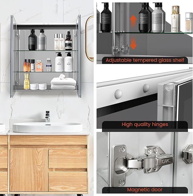 Medicine Cabinet with Mirror Door&Adjustable Shelves, Wall-Mounted Rectangular Medicine Cabinet Beveled Edge Frame, Dual Mirror Doors, 30" x 31.5"x 4.7"