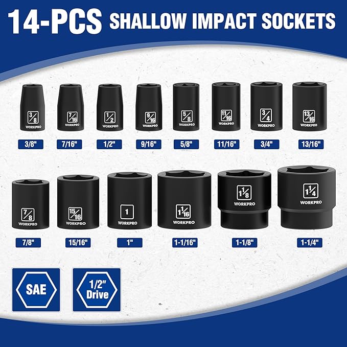 WORKPRO 1/2” Drive Shallow Impact Socket Set, SAE Cr-V Steel 6-Point Socket Set with Storage Case for Automotive Maintenance and Repairs (14PCS 3/8”-1-1/4")