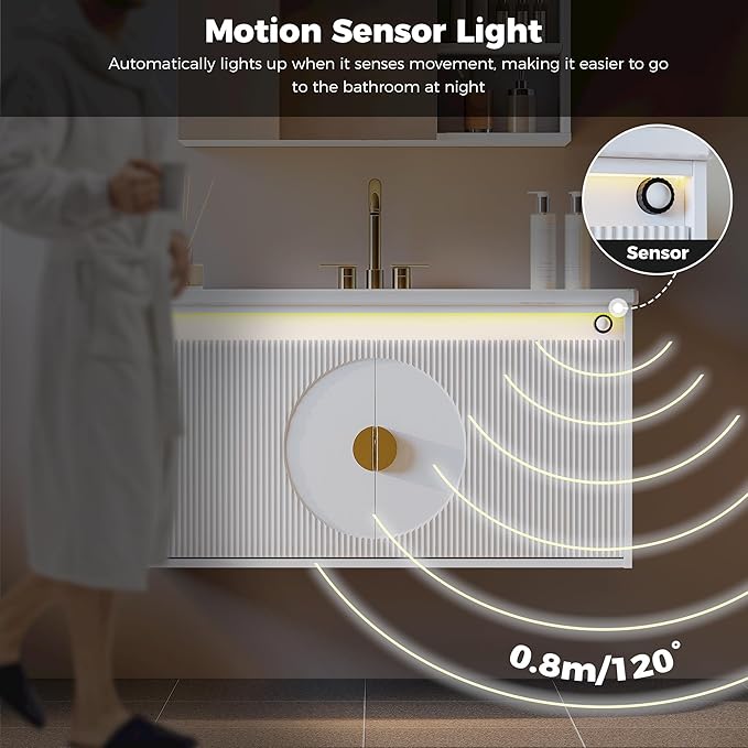 IRONCK Floating Bathroom Vanity with Sink, Mirror Medicine Cabinet, LED Strip Light, 36 Inches Modern Wall Mounted Sink Cabinets & Mirror Cabinets Set with Large Storage Space, White