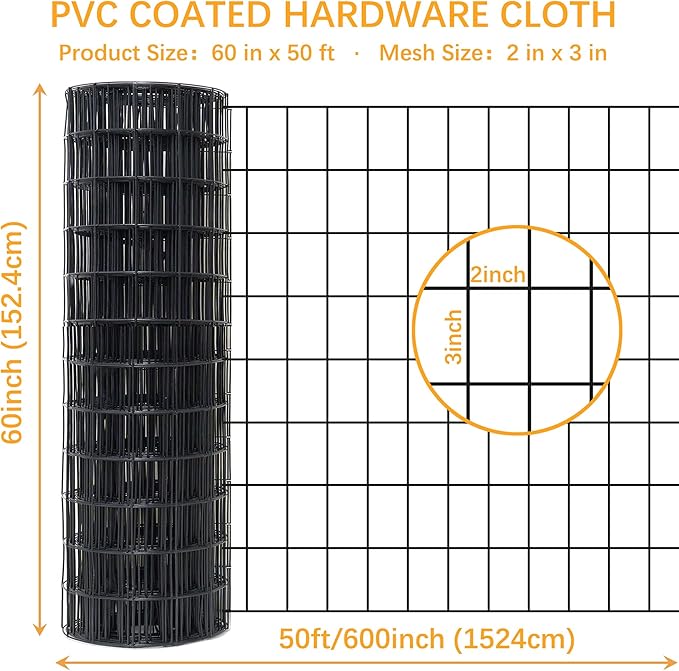 Black Metal Garden Fence, 60inch(H) x 50ft(L), 2 inch x 3 inch,14GA 2/3/4/5/6 Ft Tall Chicken Wire PVC Coated Welded Wire Mesh Roll for Dogs Border Yard Vegetable Plant Protection Poultry Netting