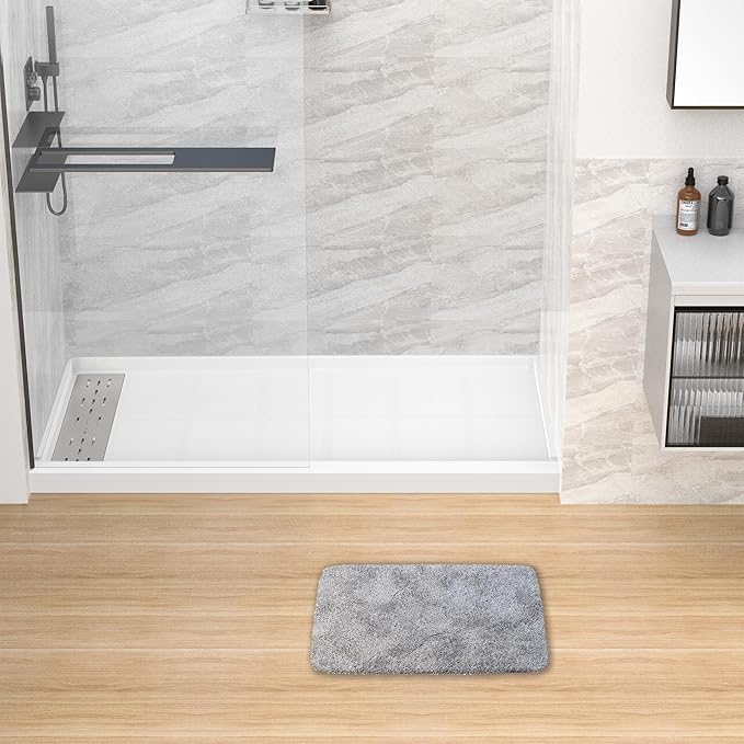 Sunrosa Shower Base 60"×32"×4", Single Threshold Shower Bases with Left Drain, Rectangle Solid Surface White Shower Pan, Slip Resistant Textured Surface, Include Stainless Steel Chrome Cover