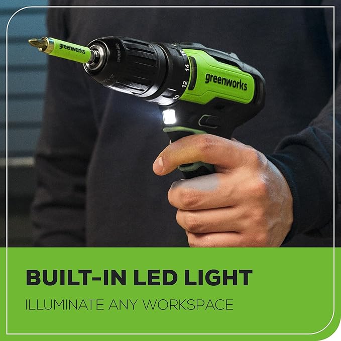 Greenworks 24V Brushless Cordless Drill Kit, 310 in./lbs, 18+1 Position Clutch, 1/2 '' Keyless Chuck, Variable Speed, (2)2Ah Batteries with 2A Charger, LED Light, 8pcs Drill Bits with Tool Bag