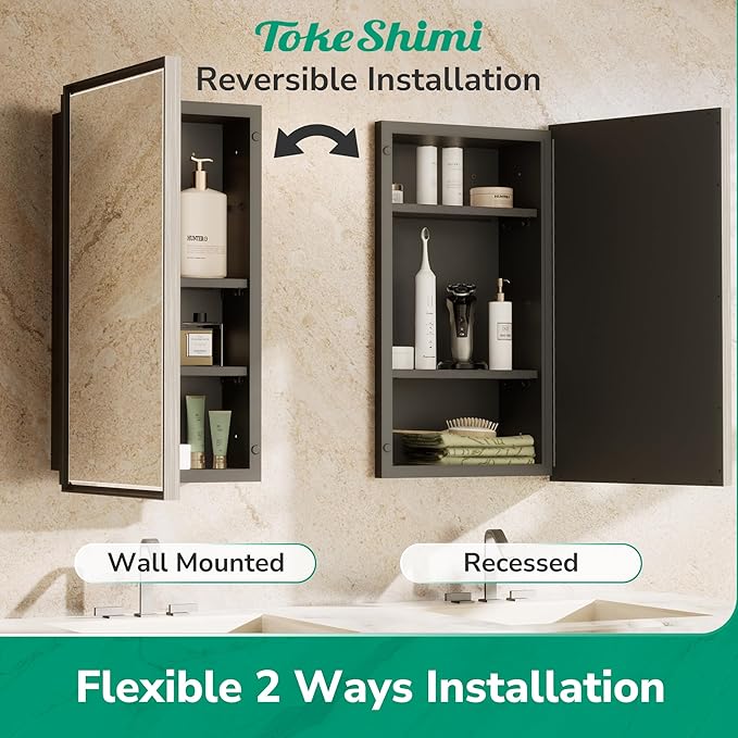 TokeShimi 17x25 Beveled Mirrored Medicine Cabinet Wall Mounted or Recessed Medicine Cabinet with Mirror for Bathroom Brushed Nickel, Aluminum Framed Metal Mirror with Storage Adjustable