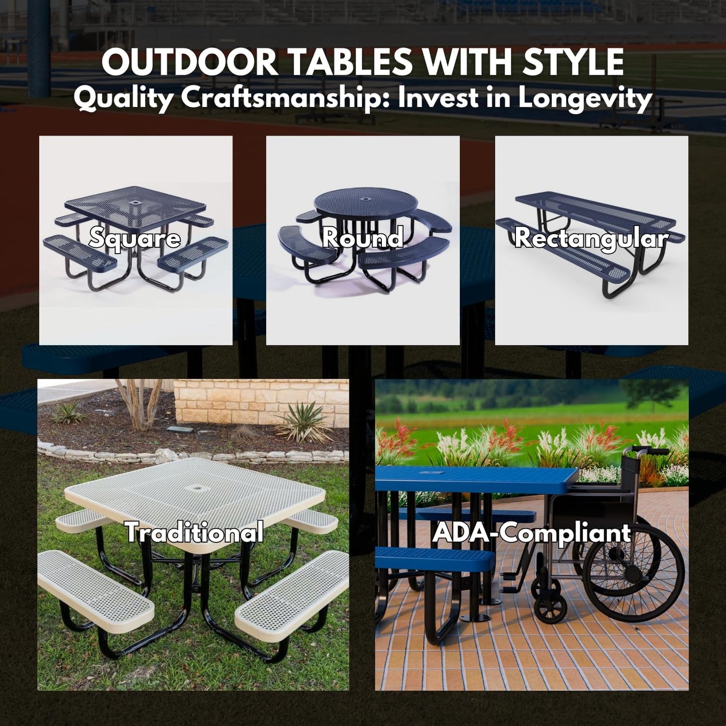 Heavy-Duty Portable Outdoor Picnic Table with Umbrella Hole, Expanded Metal Patio Dining Furniture Made in America (46" Round Top, Orange)